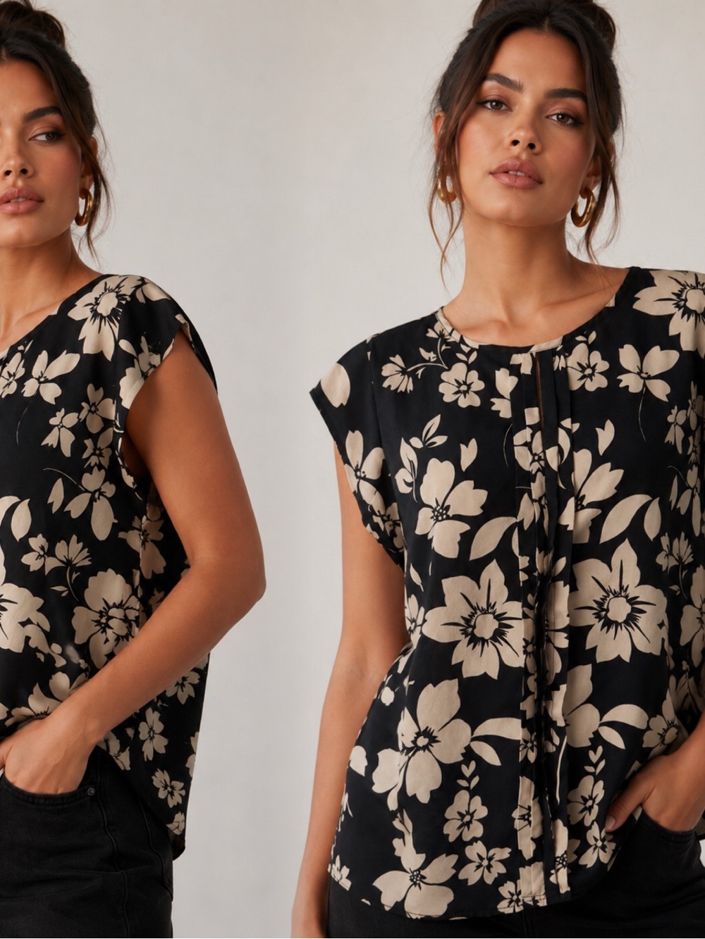The Limited Black Floral Cap-Sleeve Blouse with Cream Pattern
